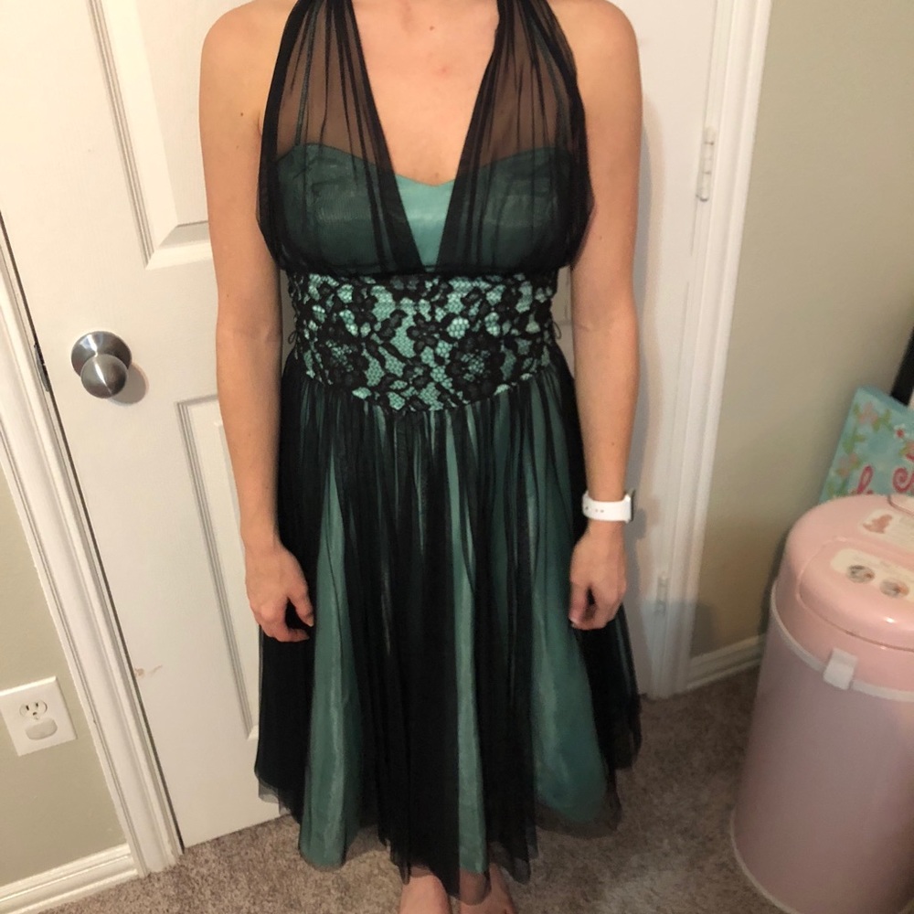 Vintage teal and black lace halter midi dress